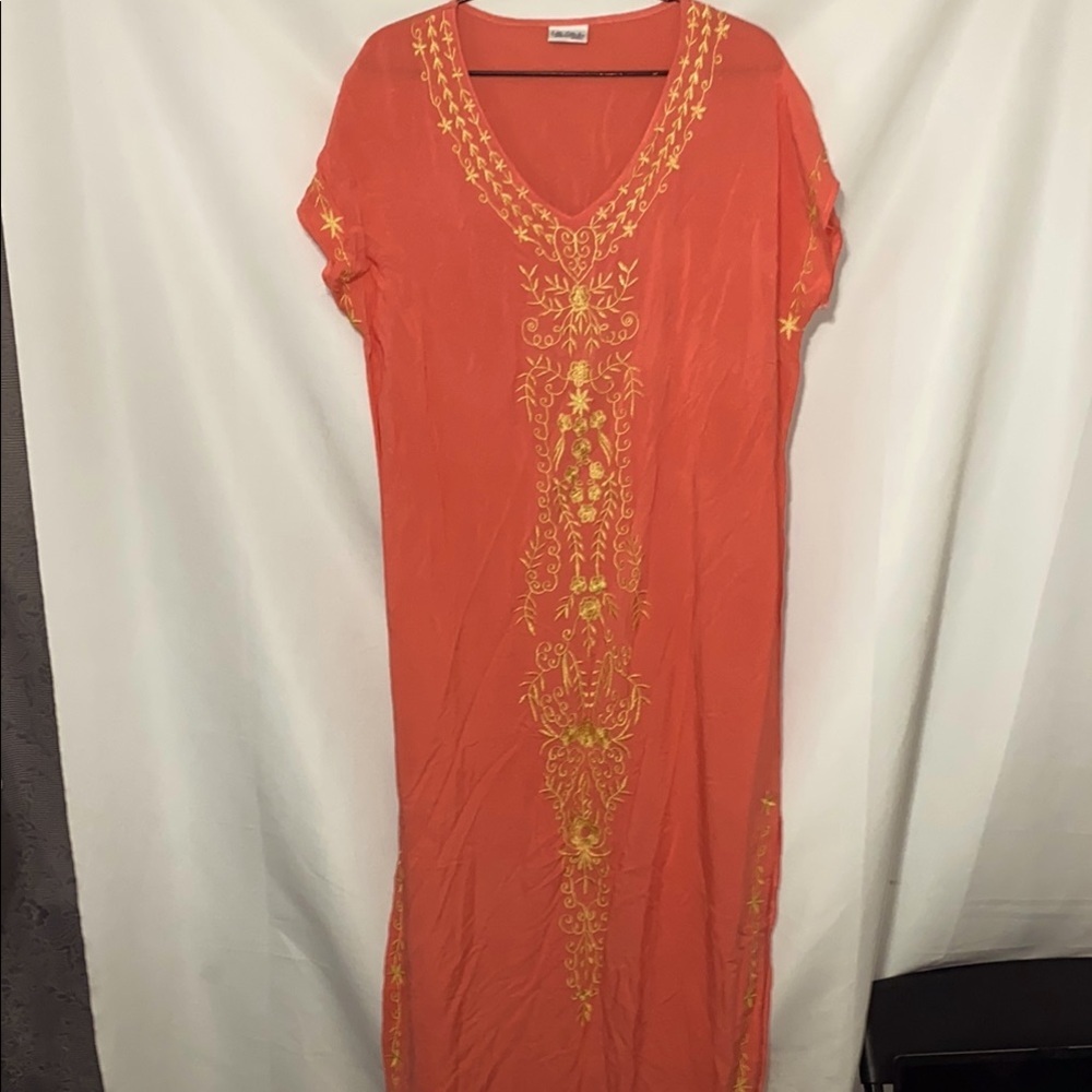 Lulla Collection by Bindya Wo Med/Lg Coral Maxi Lounge Dress Yellow Embroidery‎